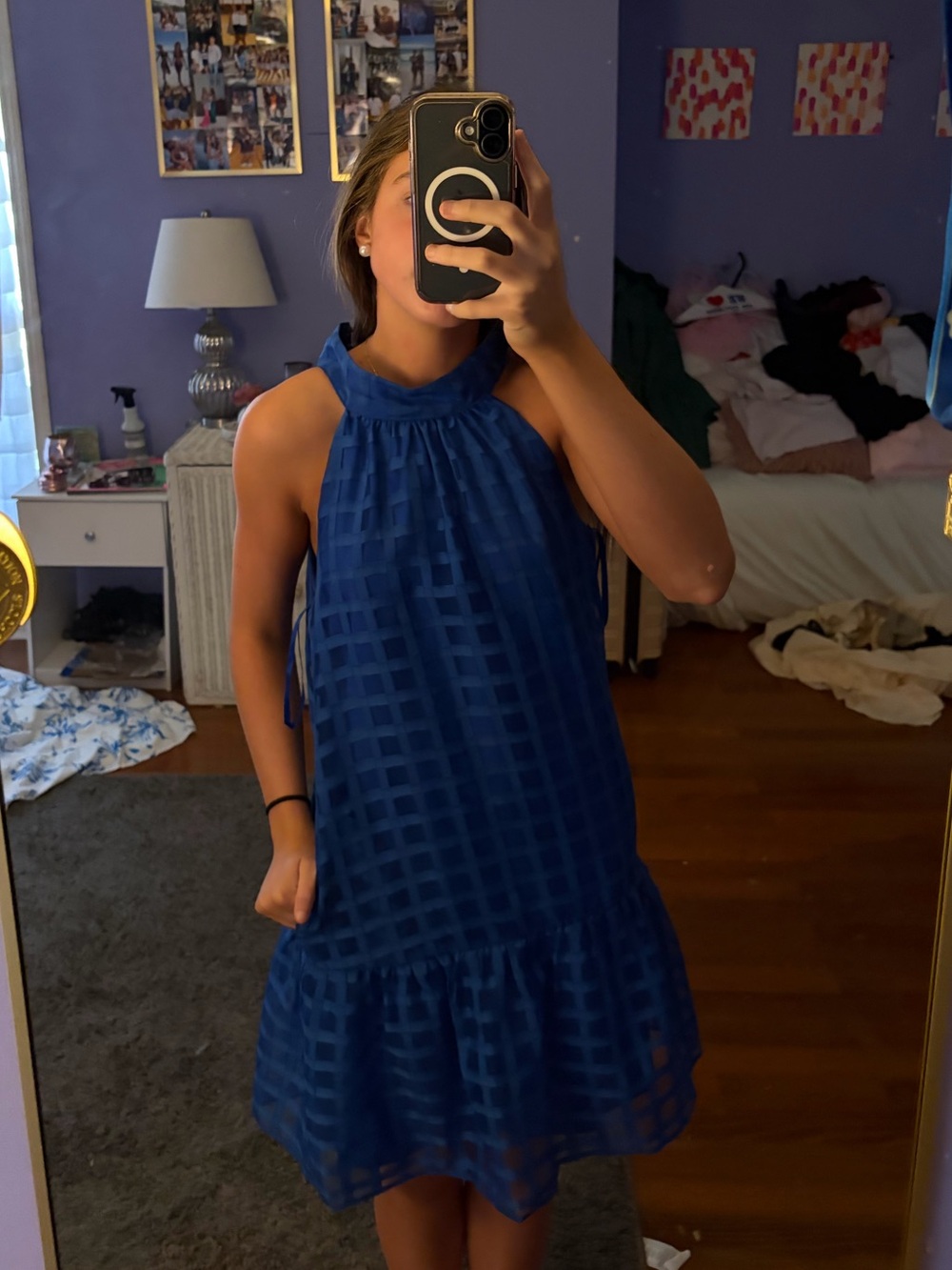 Girls Sleeveless Ruffled Hem Halter Dress - Blue